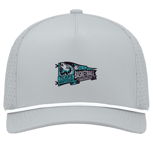 tcaps-montessori-heritage-pennant-pacific-headwear-weekender-perforated-snapback-cap — Silver/White — Front — source sha256 c41775d9792fee68d20e19636a5a56bc1b12263a8fbfc8e1d5ec1f054a84c292 — Color position 5