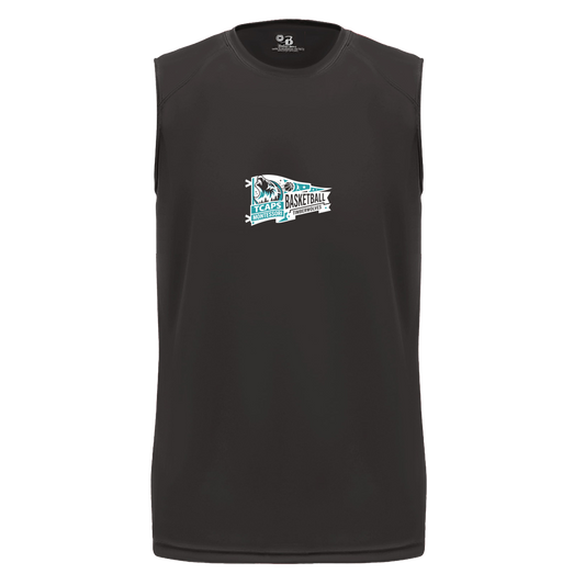 tcaps-montessori-heritage-pennant-white-badger-b-core-sleeveless-performance-tee — Black — Front — source sha256 eb87b2d6c70939d16746d09571bf6c63d0eeffba805e3699a3ea831e723205a4 — Color position 1