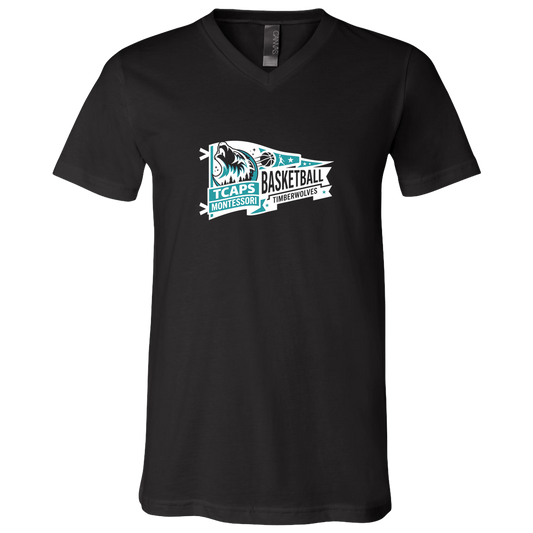 tcaps-montessori-heritage-pennant-white-bella-canvas-unisex-jersey-ss-v-neck-t-shirt — Black — Front — source sha256 f8abcd2a0829fd542d95833edc582f43f14c232ff3340a2ad95f917d628204a8 — Color position 1