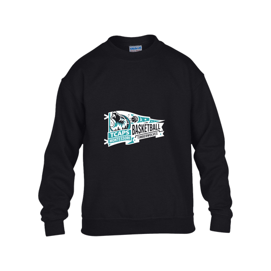tcaps-montessori-heritage-pennant-white-gildan-kids-heavy-blend-fleece-crew — Black — Front — source sha256 fa29f4a3653c1f02986995f81511c4e78e9480caf4519341b10632c2efdcf3df — Color position 1