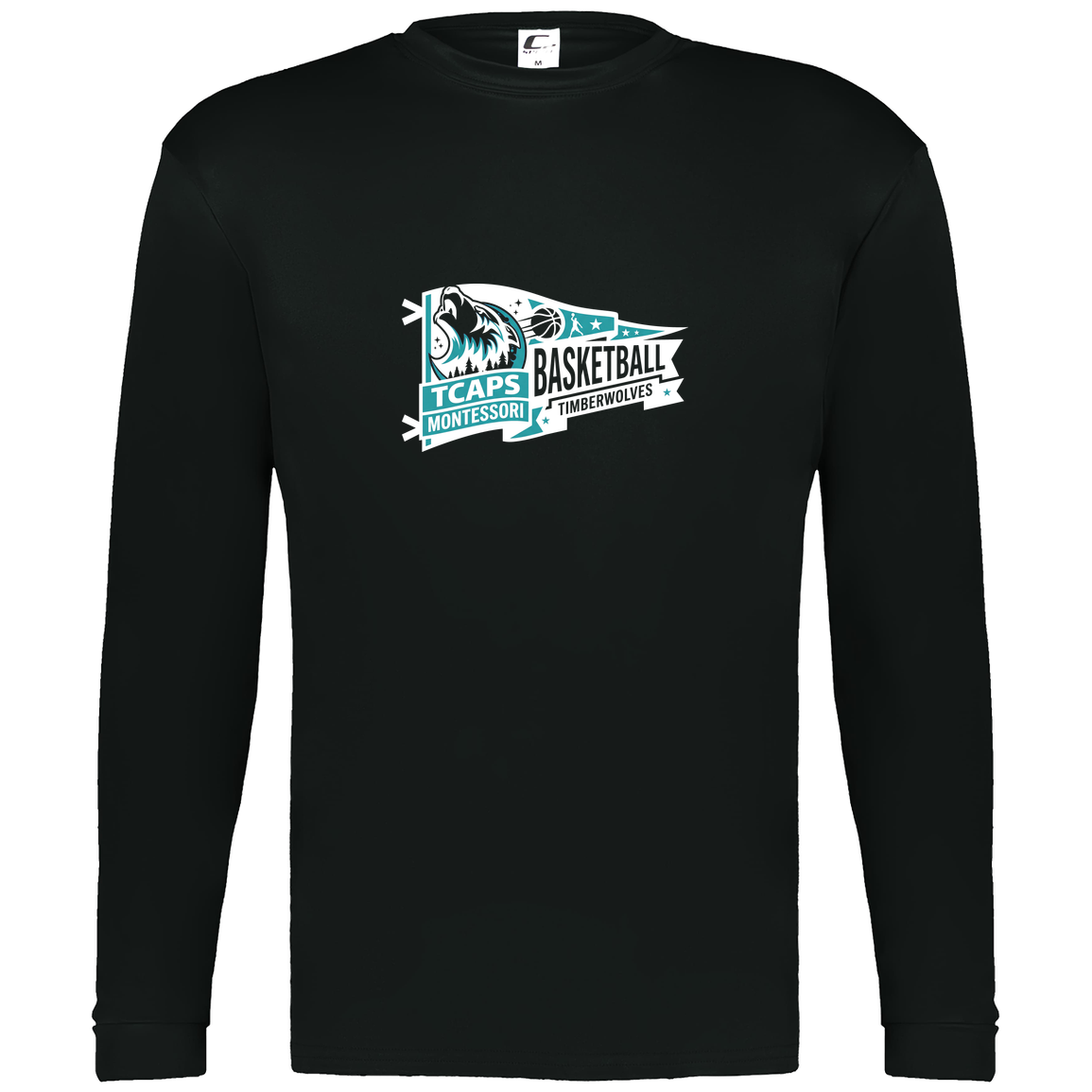 tcaps-montessori-heritage-pennant-white-c2-mens-performance-long-sleeve-tee — Black — Front — source sha256 fc7829a61321e26acf85047e8f8515b230c40686408b3622c7ce224b1dc49bbc — Color position 1