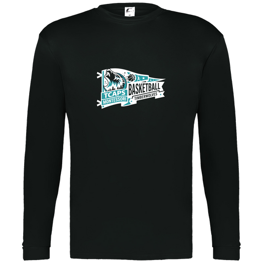 tcaps-montessori-heritage-pennant-white-c2-mens-performance-long-sleeve-tee — Black — Front — source sha256 fc7829a61321e26acf85047e8f8515b230c40686408b3622c7ce224b1dc49bbc — Color position 1