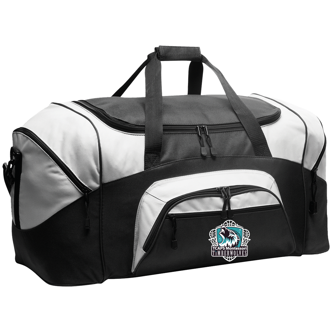 tcaps-montessori-howling-timberwolf-white-port-company-sport-duffel — Black/Gray — Front — source sha256 0e56df04e1acbb56036b2c8fe2f0b5a6cff74863b1225c592ebfd177fb4149c7 — Color position 1