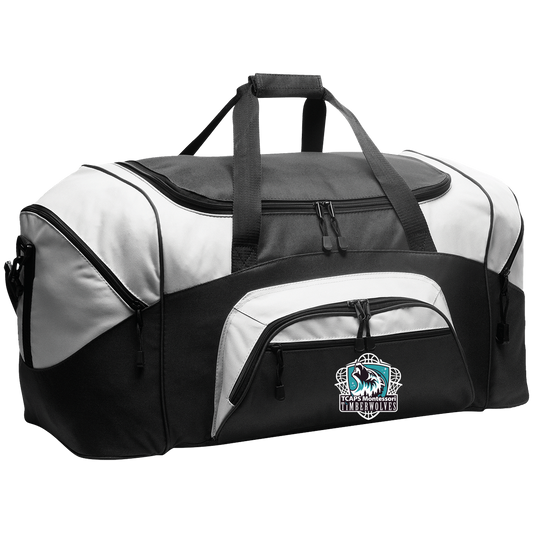 tcaps-montessori-howling-timberwolf-white-port-company-sport-duffel — Black/Gray — Front — source sha256 0e56df04e1acbb56036b2c8fe2f0b5a6cff74863b1225c592ebfd177fb4149c7 — Color position 1