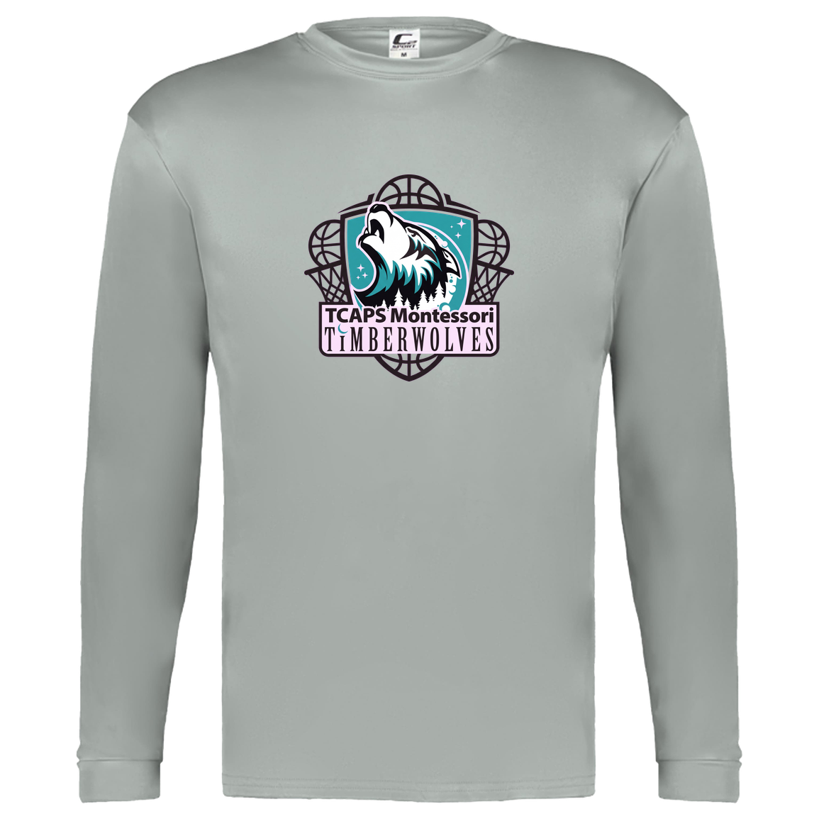 tcaps-montessori-howling-timberwolf-c2-kids-performance-long-sleeve-tee — Silver — Front — source sha256 21d6dbab9cab00a41cccd574f0e8e71e9d715bb5603965a9d65a164cb2cd3b28 — Color position 3