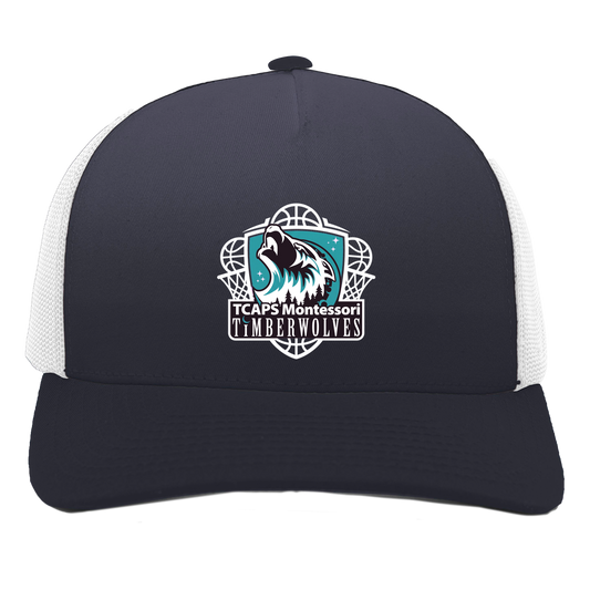 tcaps-montessori-howling-timberwolf-white-pacific-headwear-5-panel-trucker-snapback-cap — Navy/White — Front — source sha256 308ca73a2f0c0e381a5e68a61047ec8cdba9988aeef468c301d5b35dc2b682dc — Color position 1