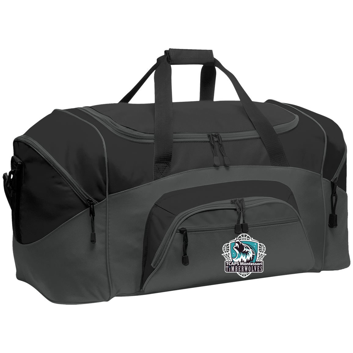 tcaps-montessori-howling-timberwolf-white-port-company-sport-duffel — Dark Charcoal/Black — Front — source sha256 3a9699a456abf108ec97f2b854bb3019b4d57445628b118dea211ce0dee9d6df — Color position 2