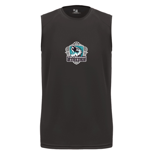 tcaps-montessori-howling-timberwolf-white-badger-b-core-sleeveless-performance-tee — Black — Front — source sha256 3f0b51ff55c441c3fd28f1e49bd0f206c711ab93838c305f34bebaeb27bb6323 — Color position 1