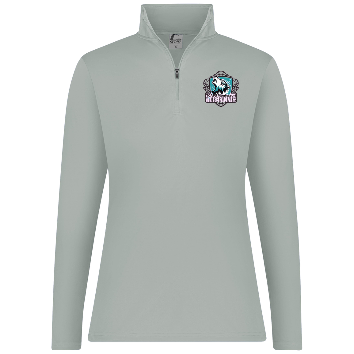 tcaps-montessori-howling-timberwolf-c2-womens-1-4-zip-pullover — Silver — Front — source sha256 4544e3678b1f3af1eae843198685a0d95b6eb25681919ecacdf4c79fe3585c90 — Color position 2