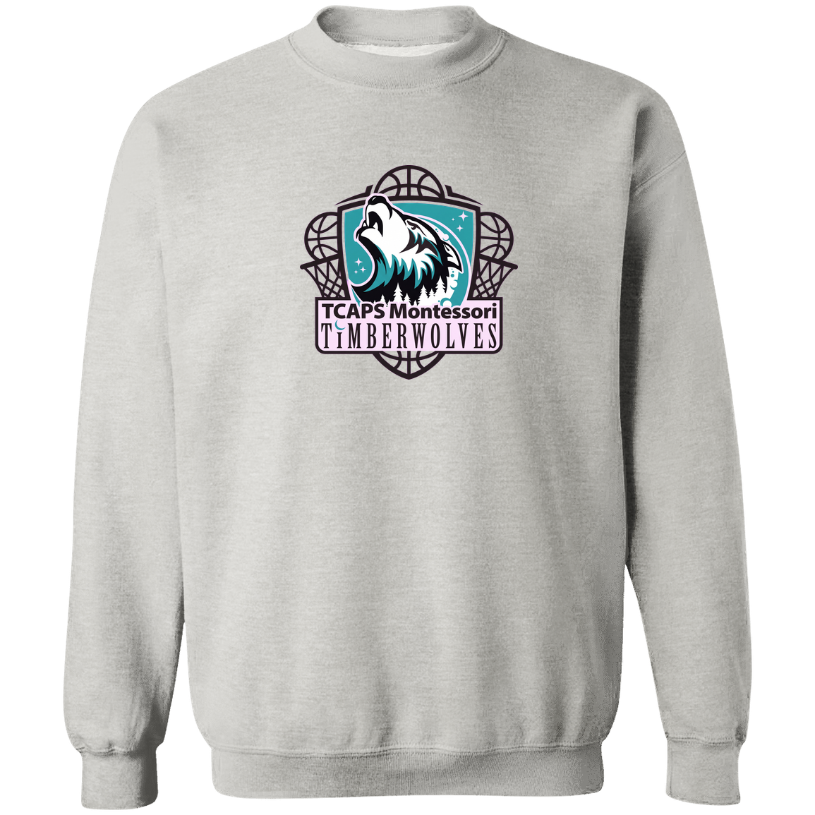 tcaps-montessori-howling-timberwolf-gildan-crewneck-pullover-sweatshirt — Ash — Front — source sha256 52071b332a67894379bde9b3042562962c060825e846cfef9dc98576f65363dd — Color position 2