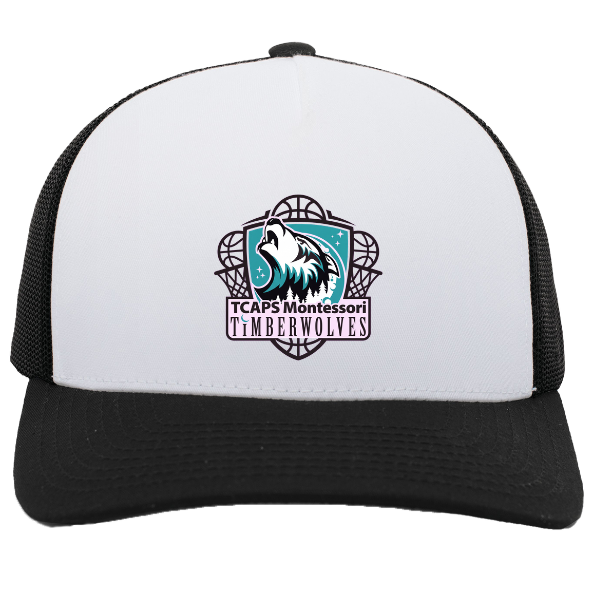 tcaps-montessori-howling-timberwolf-pacific-headwear-5-panel-trucker-snapback-cap — White/Black — Front — source sha256 5836958d7bded791e2951f8f25df2f916046c207bc242376339ccaf99f62fc19 — Color position 4