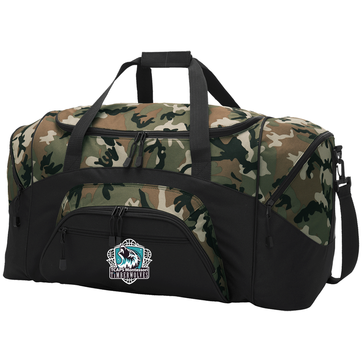 tcaps-montessori-howling-timberwolf-white-port-company-sport-duffel — Black/Camouflage — Front — source sha256 5ce1a6dc4fe6c303f4396d564018aacbc7cf5d3623f22be2c443ddbfc477a9f5 — Color position 3