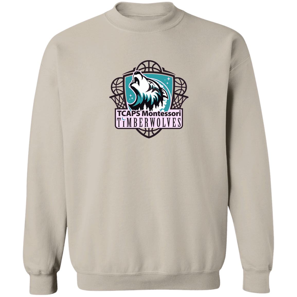 tcaps-montessori-howling-timberwolf-gildan-crewneck-pullover-sweatshirt — Sand — Front — source sha256 6614bb5a1a9dce081c678d25388cda3ce9923921574da96e997ed9b365156989 — Color position 5