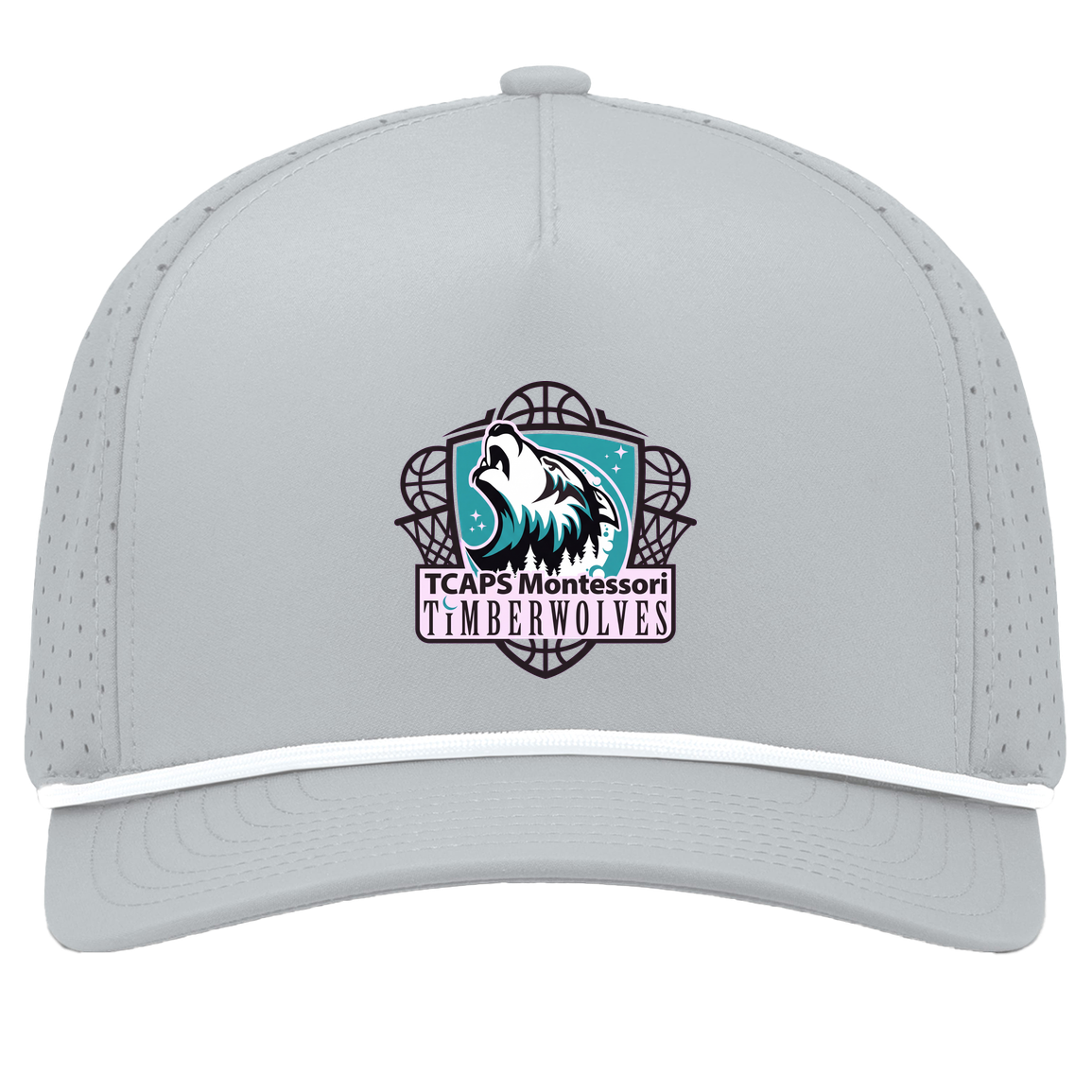 tcaps-montessori-howling-timberwolf-pacific-headwear-weekender-perforated-snapback-cap — Silver/White — Front — source sha256 74cdce012e22827b12b9231e0ca83f514be6737cf49c3cccdb7329f5f44b12ff — Color position 5