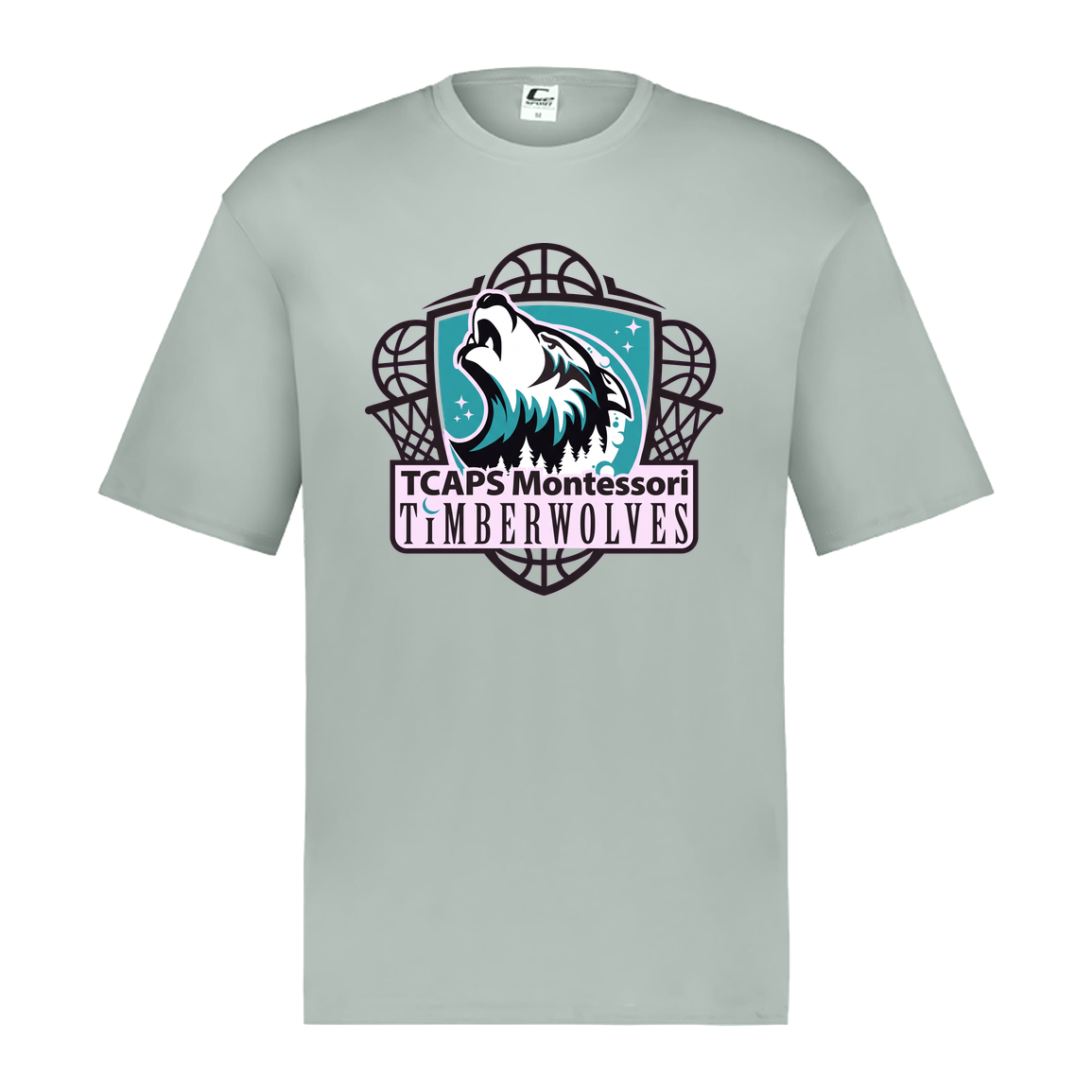 tcaps-montessori-howling-timberwolf-c2-mens-performance-short-sleeve-tee — Silver — Front — source sha256 99b99bb69d4e625a96e0de58d7a9738f7d25176ecdf32ba9fceb79bc738db5c2 — Color position 3