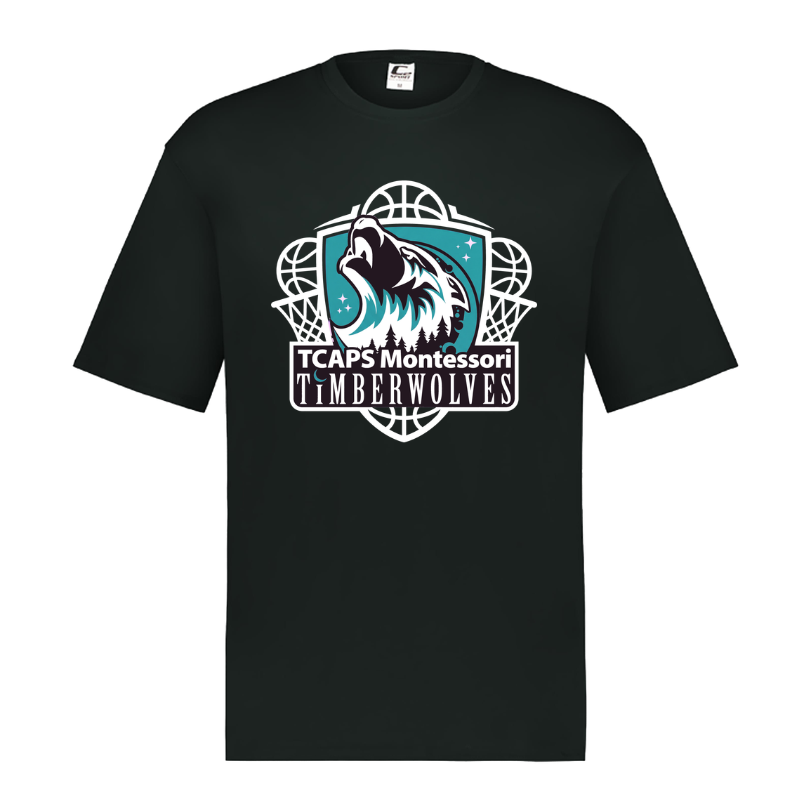 tcaps-montessori-howling-timberwolf-white-c2-mens-performance-short-sleeve-tee — Black — Front — source sha256 a952e652b854a340051b05ba34cc23d856693fc1ce1a1348586d2d746d6d2455 — Color position 1