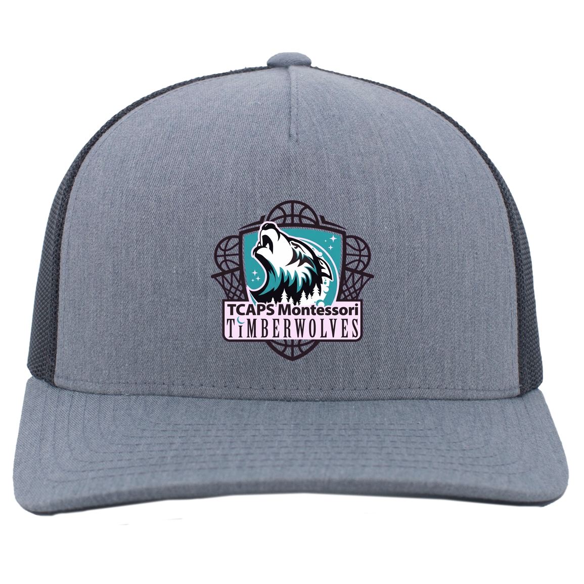 tcaps-montessori-howling-timberwolf-pacific-headwear-5-panel-trucker-snapback-cap — Heather Grey/Light Charcoal — Front — source sha256 acfe4e30974c142c6a46a1a2c06e7f113010393b62db7156afae2b157950a67e — Color position 2