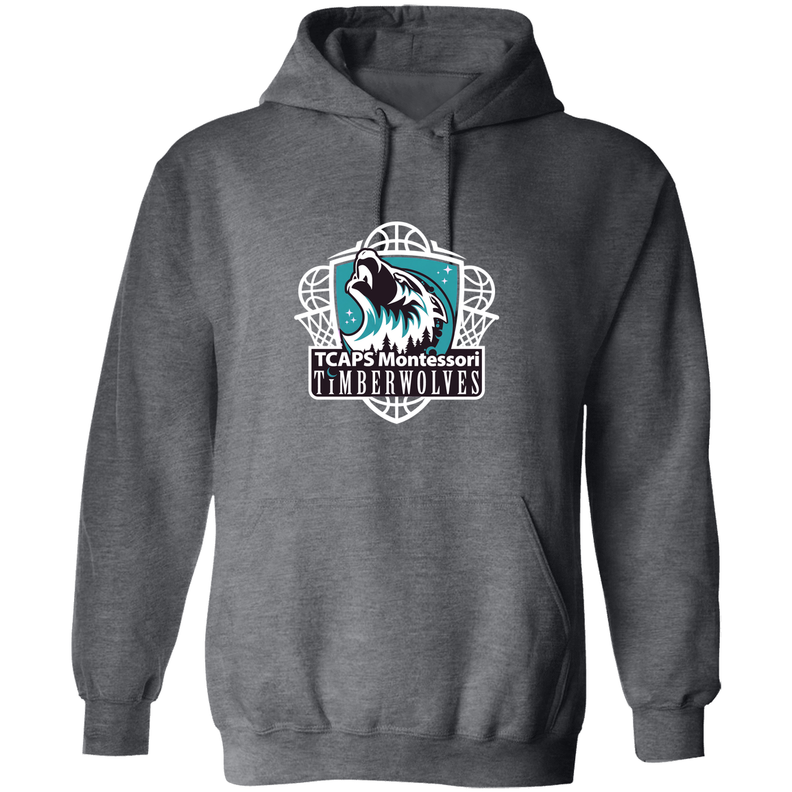 tcaps-montessori-howling-timberwolf-white-gildan-pullover-hoodie — Dark Heather — Front — source sha256 b070be695945953869effd5f37e0aa7f5f8bb3d454ca4ff98f003c88ec5825a1 — Color position 2