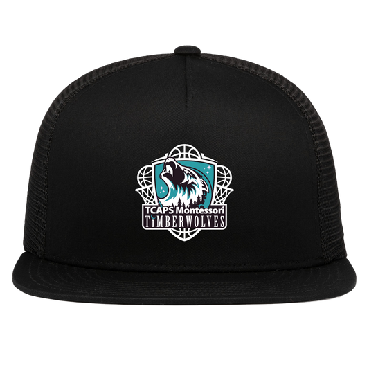tcaps-montessori-howling-timberwolf-white-pacific-headwear-d-series-5-panel-trucker-snapback-cap — Black — Front — source sha256 b5d2cf04f2e64fa6603d1f80fe88c9b8beb4ceca6de325f0e76ea9899e582f3d — Color position 1