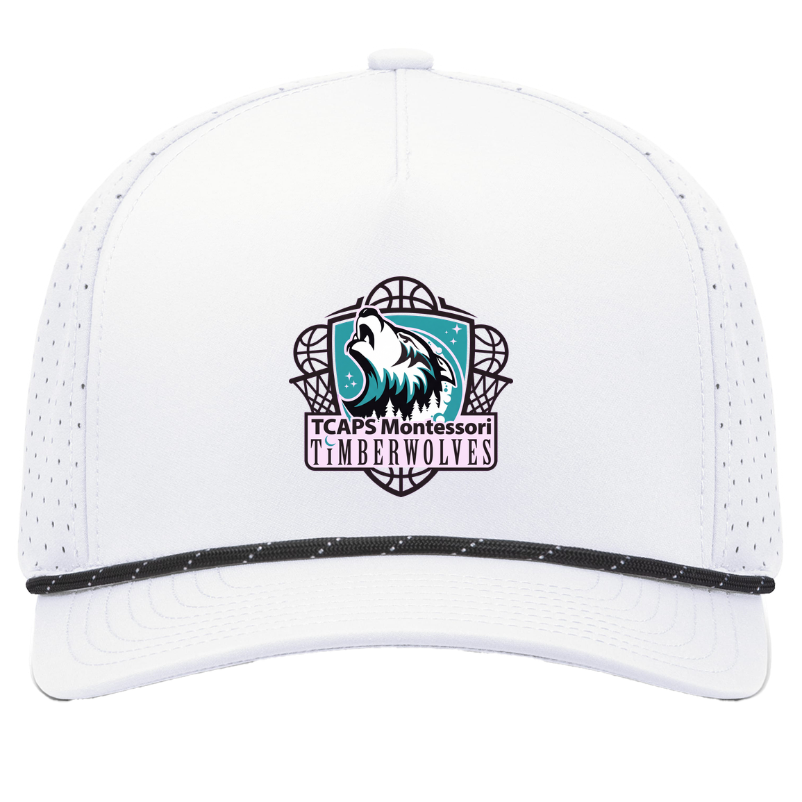 tcaps-montessori-howling-timberwolf-pacific-headwear-weekender-perforated-snapback-cap — White/Black — Front — source sha256 c8d28718c2b9725469b9d0973f99cff445d7b292bc541d69f8e43dbb1f524e7f — Color position 7