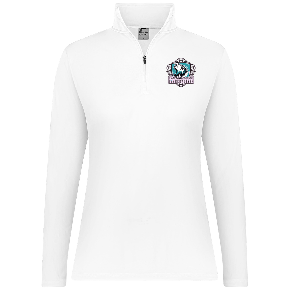 tcaps-montessori-howling-timberwolf-c2-womens-1-4-zip-pullover — White — Front — source sha256 e7b7248435449728736d2ff6dba049d62886e1c89314556924671951a4d08c38 — Color position 3
