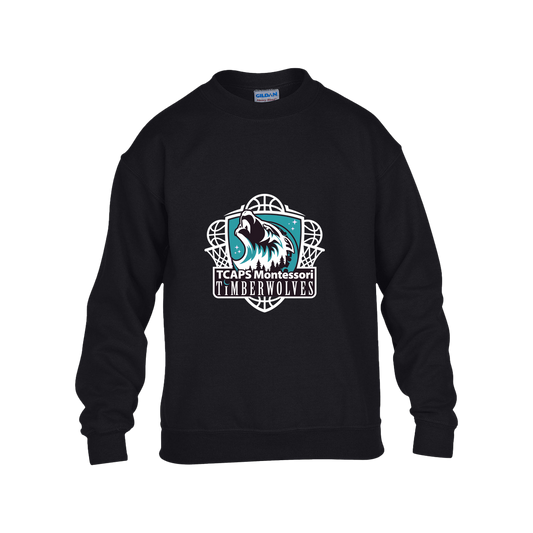 tcaps-montessori-howling-timberwolf-white-gildan-kids-heavy-blend-fleece-crew — Black — Front — source sha256 e95e0cffb51e3a415828de84d210528e1b017be7305638d464237cd65049f9ee — Color position 1