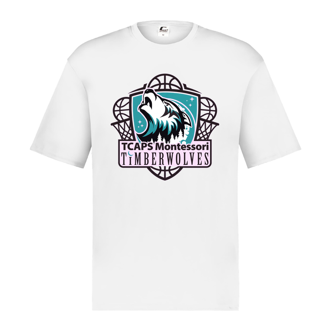 tcaps-montessori-howling-timberwolf-c2-mens-performance-short-sleeve-tee — White — Front — source sha256 eced6d46366e805bb7efaf40773abc099f03571e085ab2885b95e0017fde4ef3 — Color position 4