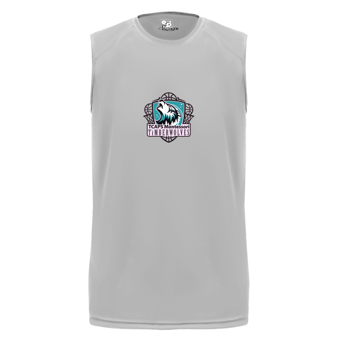 tcaps-montessori-howling-timberwolf-badger-b-core-sleeveless-performance-tee — Silver — Front — source sha256 f2f365e5f65f4c70f235a11187445aedc876388bf699dc32ffbc1b67b4fe870b — Color position 3