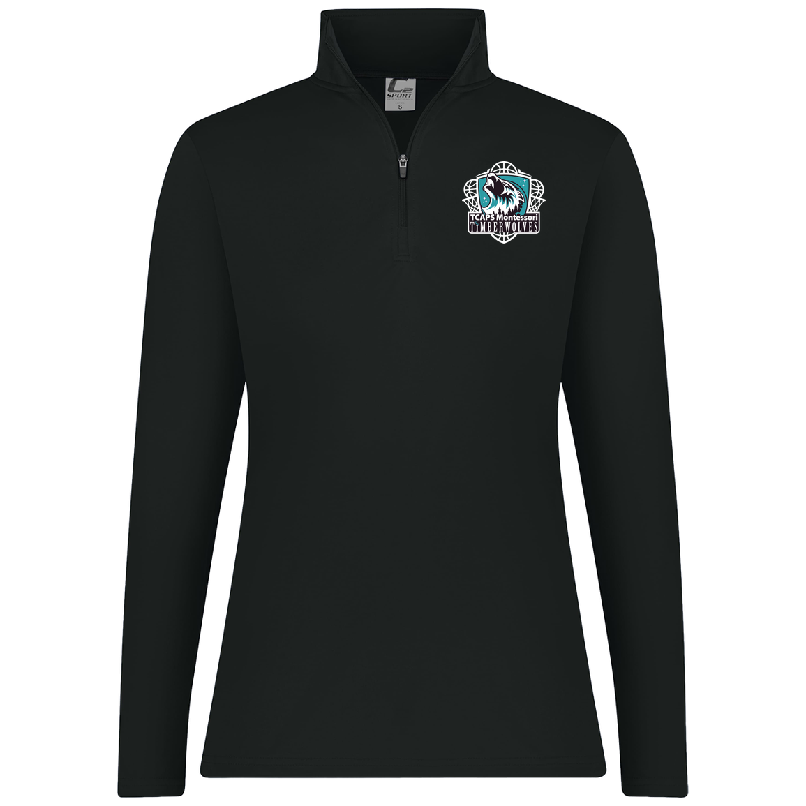 tcaps-montessori-howling-timberwolf-white-c2-womens-1-4-zip-pullover — Black — Front — source sha256 fbb511014171cf232909bd2edb4a4857661701c3ed38a6722b4e15c02f3abe18 — Color position 1