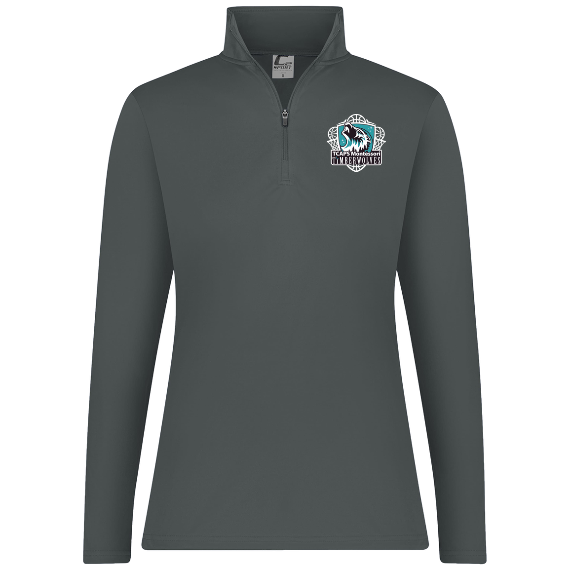 tcaps-montessori-howling-timberwolf-white-c2-womens-1-4-zip-pullover — Graphite — Front — source sha256 ff4af4bf871fdf07673364907e5a4fd45bc0bbe8082386c0cc75e7e0d63b6b54 — Color position 2