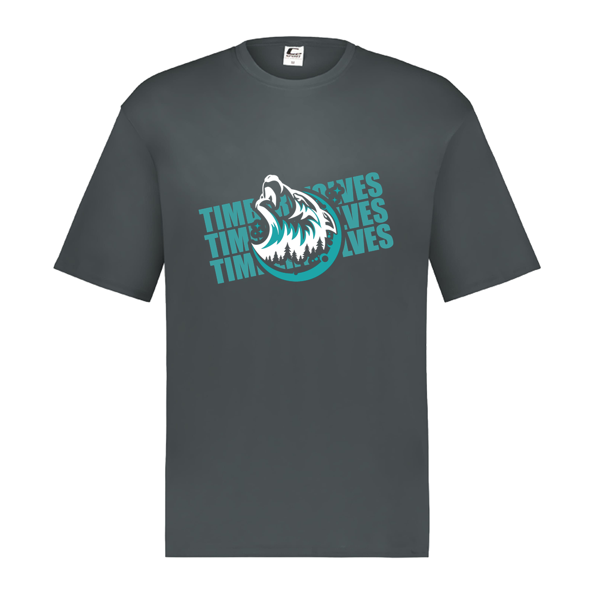 tcaps-montessori-logo-over-name-stack-white-c2-mens-performance-short-sleeve-tee — Graphite — Front — source sha256 57d13791c79731ff7a370894ed3e5e2bf9e9a4e6f739cfa14006cfd154f39dbd — Color position 2