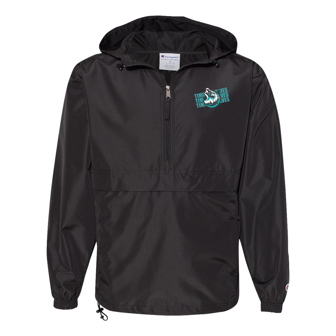 tcaps-montessori-logo-over-name-stack-white-champion-unisex-packable-anorak-jacket — Black — Front — source sha256 7bece51bdb386ed597dc3a4d1ec05e96091076889139b01a641c8019e1ea12b7 — Color position 1