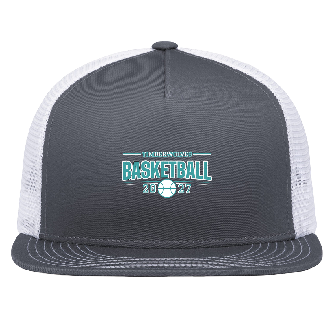 tcaps-montessori-season-arc-white-pacific-headwear-d-series-5-panel-trucker-snapback-cap — Graphite/White — Front — source sha256 774d9582ba7390244f967d1bee6b209a28044c69f33414dacf0c198df6b0fa97 — Color position 4