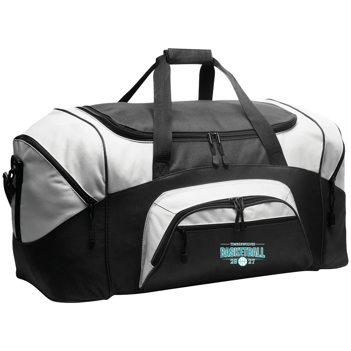 tcaps-montessori-season-arc-white-port-company-sport-duffel — Black/Gray — Front — source sha256 a1e802973f795634bf0be820bcbdc04bcc2bb245e62aba56559e7c436b7ca92d — Color position 1