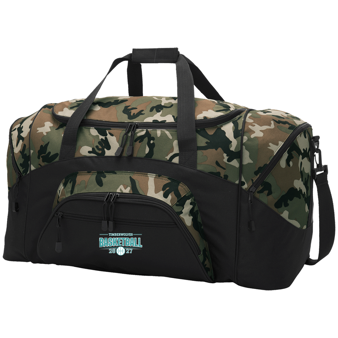 tcaps-montessori-season-arc-white-port-company-sport-duffel — Black/Camouflage — Front — source sha256 c04ee296f9942bc864cdfccbca3a0da3636f9bbd276b0985b0b260460ffb000b — Color position 3