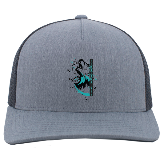 tcaps-montessori-split-mascot-pacific-headwear-5-panel-trucker-snapback-cap — Heather Grey/Light Charcoal — Front — source sha256 8aac25afac5caf64f9caa5746cd54de21696e4b666f4024c7732b1727f59a369 — Color position 2