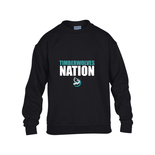 tcaps-montessori-timberwolf-nation-white-gildan-kids-heavy-blend-fleece-crew — Black — Front — source sha256 52b546a6a5549b67e10a4ff8fe6df0280f2cacef9685bc3581e3ba264fc97217 — Color position 1