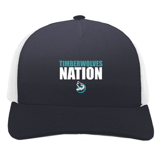 tcaps-montessori-timberwolf-nation-white-pacific-headwear-5-panel-trucker-snapback-cap — Navy/White — Front — source sha256 5a6ae84aa8e195676a2b0964731d9e7ffaf8a6df08d0ad122c52224d04390de7 — Color position 1