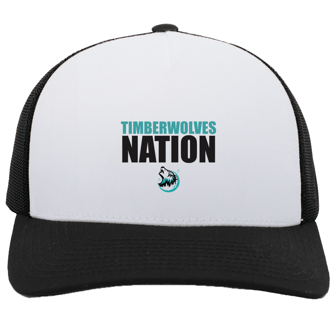tcaps-montessori-timberwolf-nation-pacific-headwear-5-panel-trucker-snapback-cap — White/Black — Front — source sha256 7fb7f3f9c44d18c175db56aff7d2f1f03a01c33e4bc6dc7e82ca4e0adf7b1820 — Color position 4