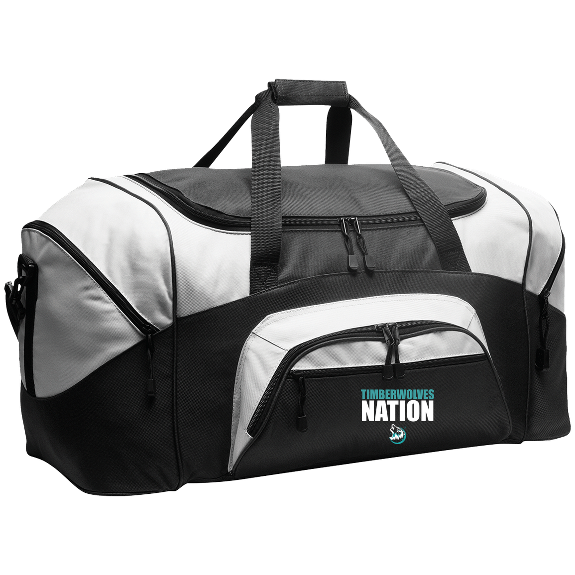 tcaps-montessori-timberwolf-nation-white-port-company-sport-duffel — Black/Gray — Front — source sha256 c943810bcfa92def05393fed0d63f423283d5c2529cedc2838ca9dd3ed30b5c0 — Color position 1
