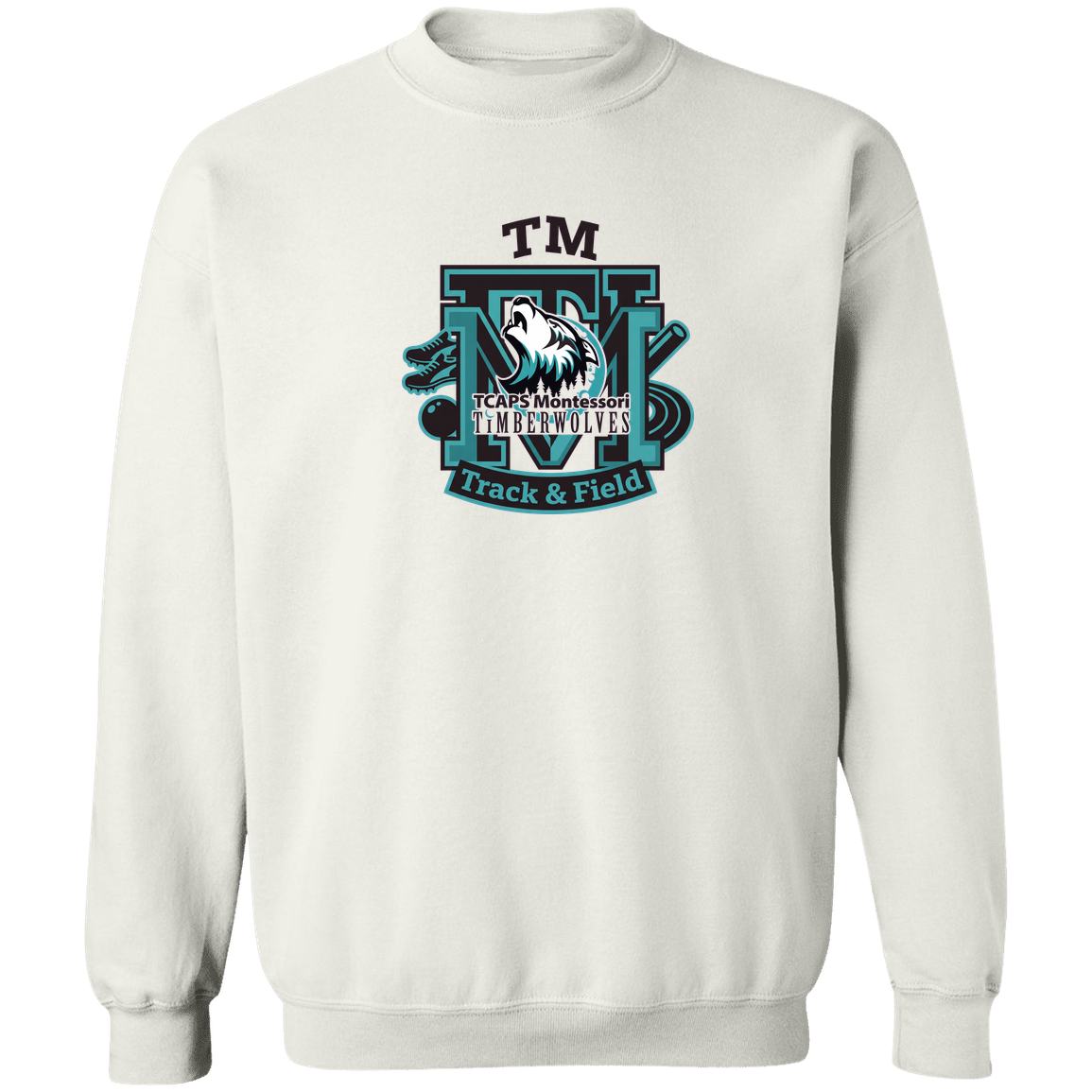 tcaps-montessori-track-monogram-gildan-crewneck-pullover-sweatshirt — White — Front — source sha256 071734154377bb9126c7ace575757fc790fec9acc0896af4721a94ea3d5b1222 — Color position 1