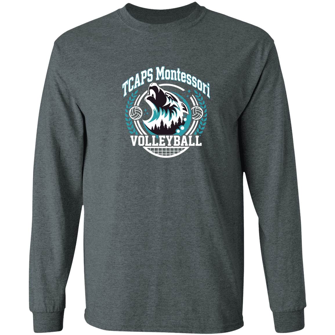 tcaps-montessori-varsity-arch-white-gildan-ls-t-shirt-5-3-oz — Dark Heather — Front — source sha256 052c340ded2b3131861dbdb4a096df5ddd5c70a1ab146318f839c09ced73fe38 — Color position 1