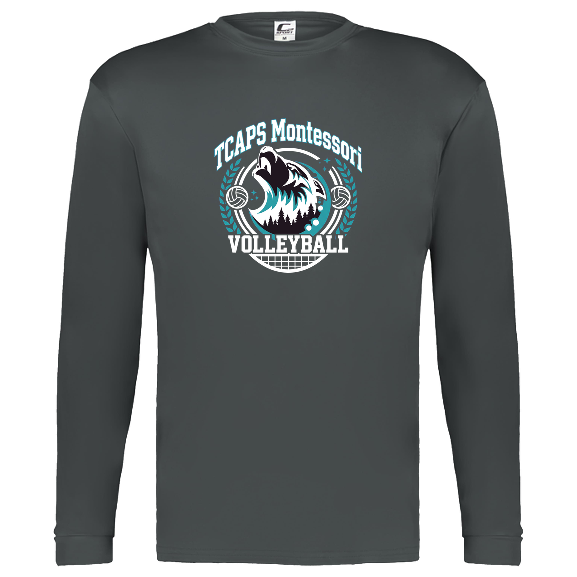 tcaps-montessori-varsity-arch-white-c2-kids-performance-long-sleeve-tee — Graphite — Front — source sha256 1a48242ba613e920f2fada920920380eeb99e06673fd8f4adbf2573a42d94353 — Color position 2