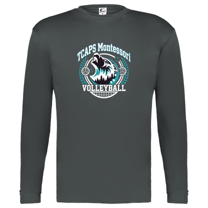 tcaps-montessori-varsity-arch-white-c2-kids-performance-long-sleeve-tee — Graphite — Front — source sha256 1a48242ba613e920f2fada920920380eeb99e06673fd8f4adbf2573a42d94353 — Color position 2