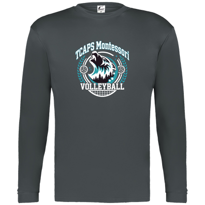 tcaps-montessori-varsity-arch-white-c2-mens-performance-long-sleeve-tee — Graphite — Front — source sha256 206e73674465ac256513df3d6c7dacafa197ee28111c63c4415886a68839ffd9 — Color position 2