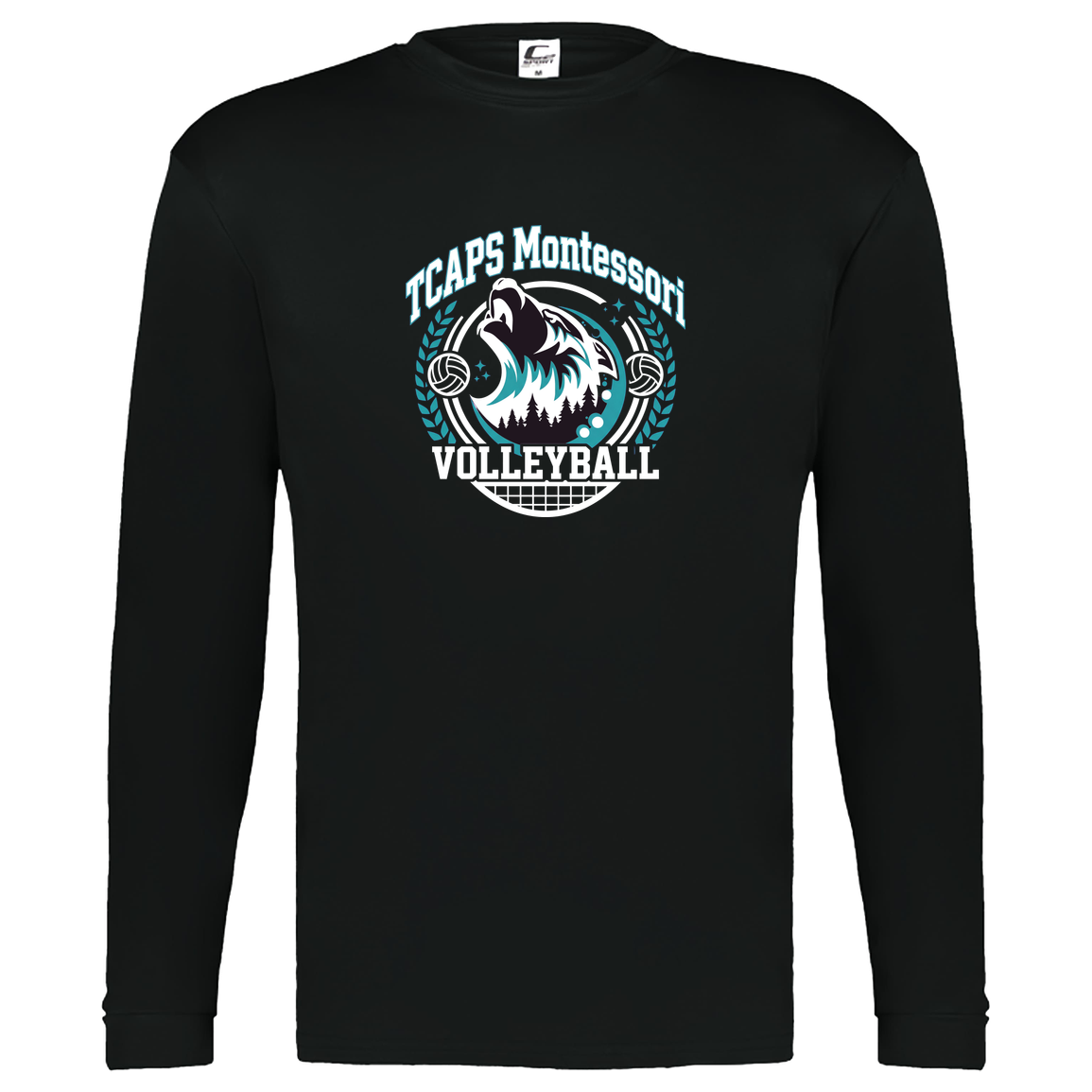 tcaps-montessori-varsity-arch-white-c2-kids-performance-long-sleeve-tee — Black — Front — source sha256 230d1764183d20165445ee5b898bb856b8255b0b4a685407c666e2e7de9bba23 — Color position 1