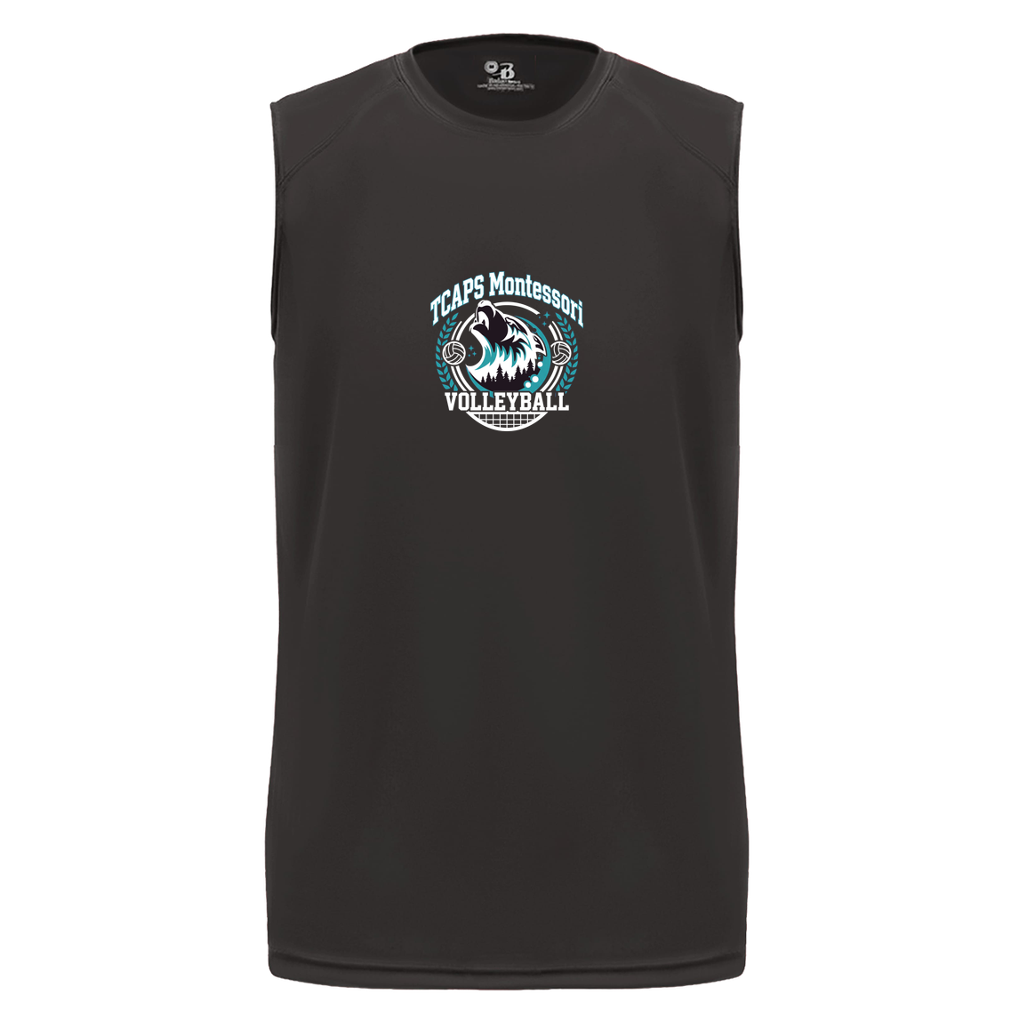 tcaps-montessori-varsity-arch-white-badger-b-core-sleeveless-performance-tee — Black — Front — source sha256 603fd3cbe083b241b242bcb9bdc8fac1e36e161a135cae49c3e901d1f2b81c57 — Color position 1