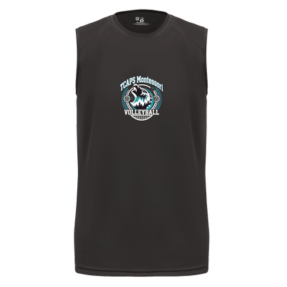 tcaps-montessori-varsity-arch-white-badger-b-core-sleeveless-performance-tee — Black — Front — source sha256 603fd3cbe083b241b242bcb9bdc8fac1e36e161a135cae49c3e901d1f2b81c57 — Color position 1