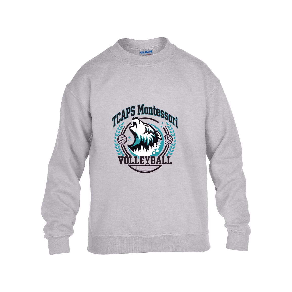 tcaps-montessori-varsity-arch-gildan-kids-heavy-blend-fleece-crew — Grey — Front — source sha256 6575d354869327ea2f4c70cb2abba014f92bfcd92eee615503751850892ca84d — Color position 3