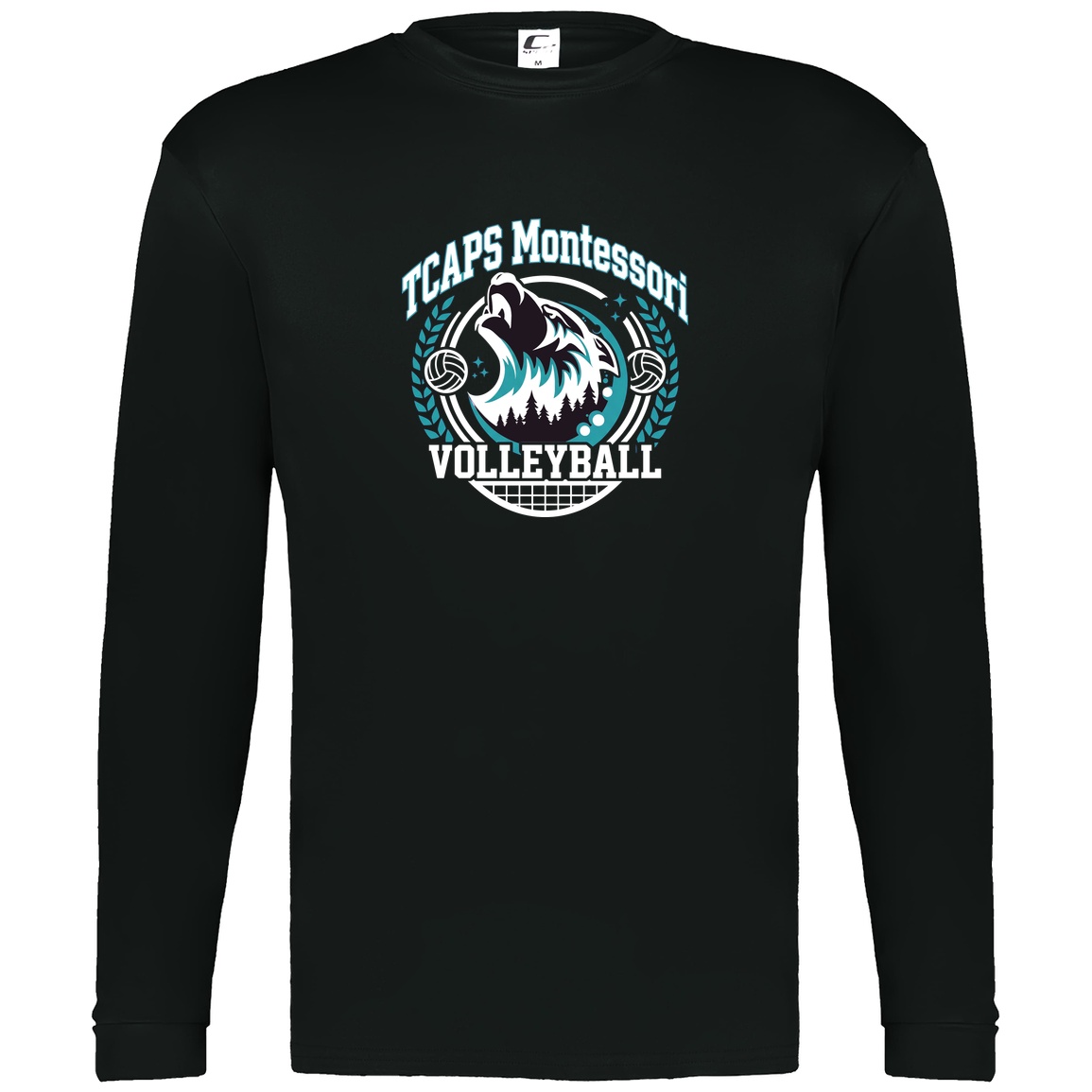 tcaps-montessori-varsity-arch-white-c2-mens-performance-long-sleeve-tee — Black — Front — source sha256 97035fbbc090a8c1c79233ccadcb675c56991dd945b5f23c768a1b1194be69fe — Color position 1